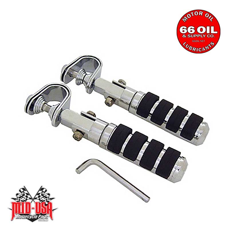 Small Diameter Chrome Anti Vibe Footrests, Fits All Models, Pivot Mount with Frame Clamps