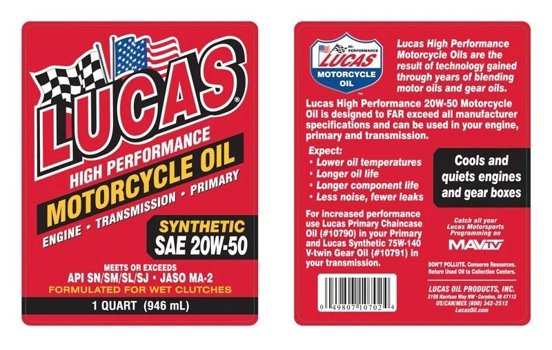 Lucas 20W-50 Synthetic Motorcycle Oil by the Case
